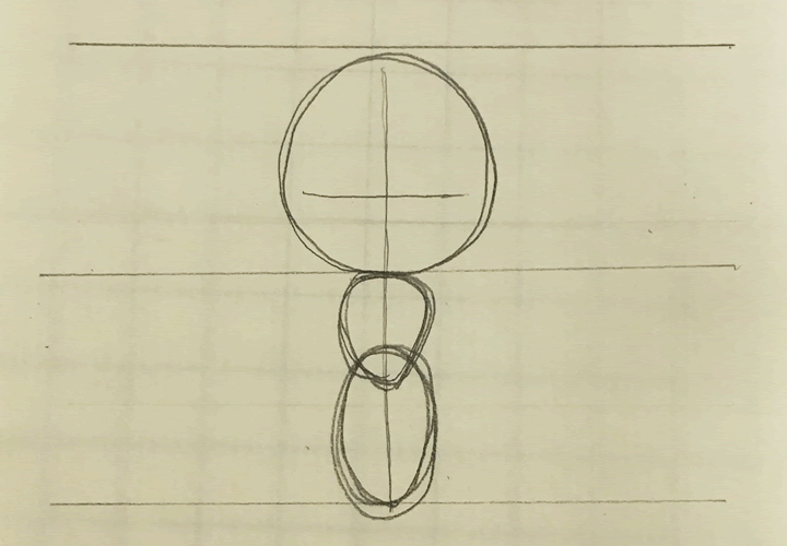 中心に縦線を1本引き、上半分に円を一つ、下半分に二つ描く